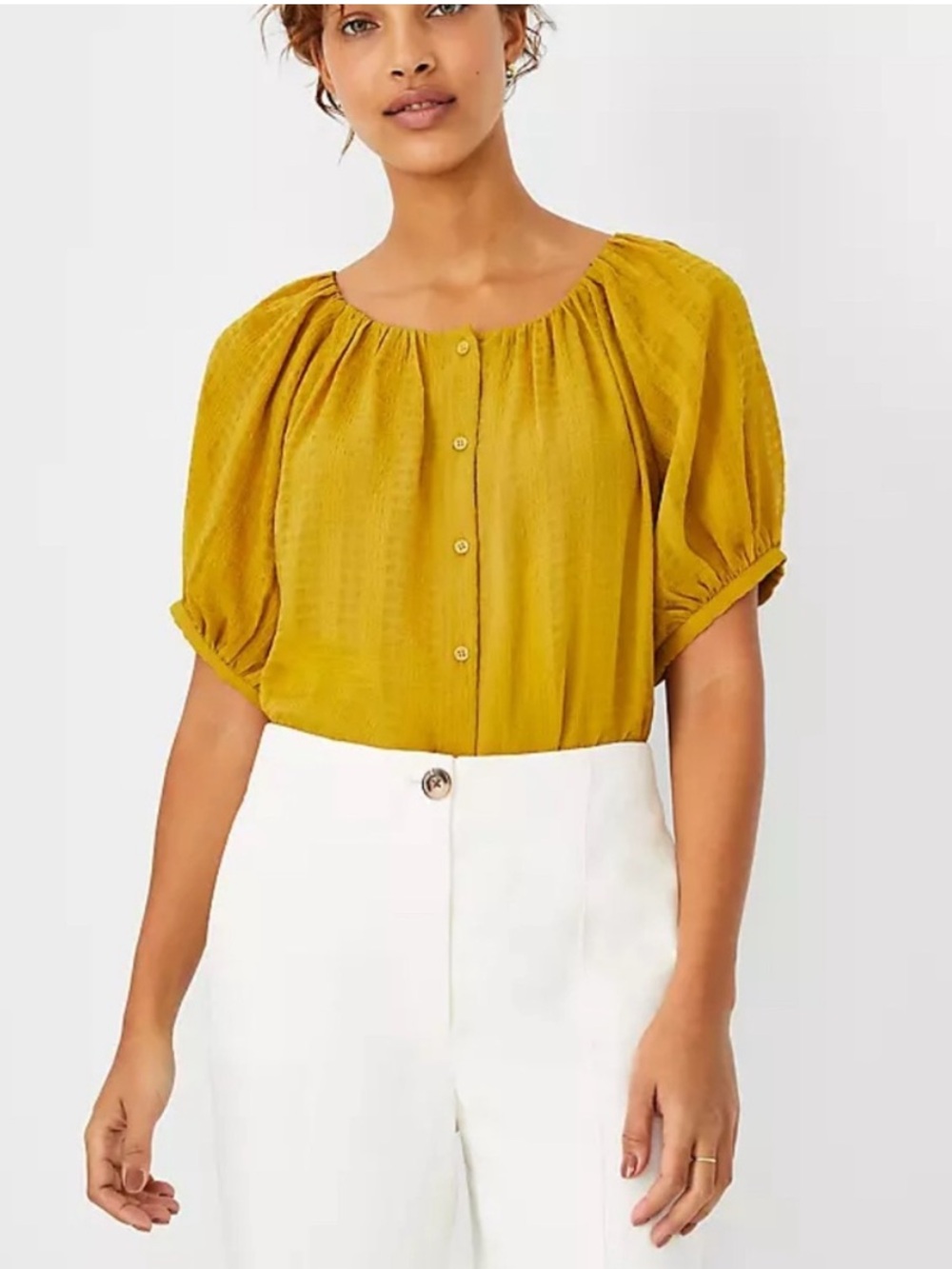 Ann Taylor Petite Mustard Yellow Button-Front Blouse